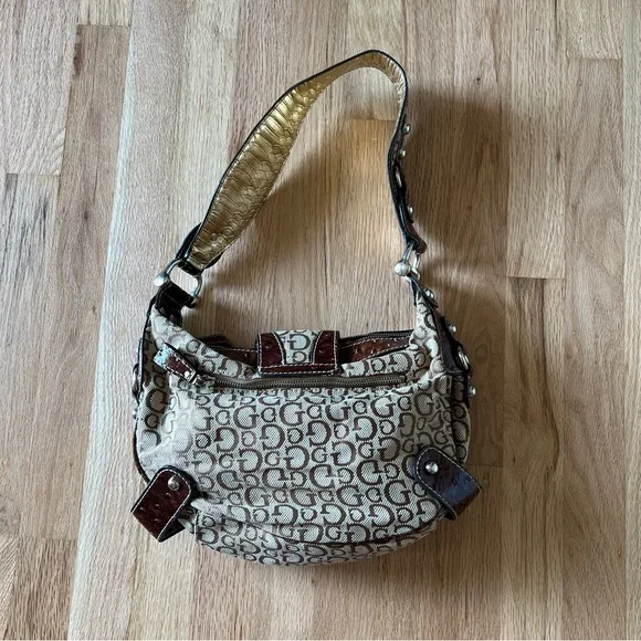Guess Brown & Tan Shoulder Bag Y2K Linen Handbag - Picture 6 of 15